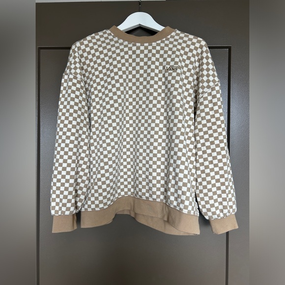 Vans Sweaters - VANS taupe checkered lightweight cotton fleece crew neck sweater